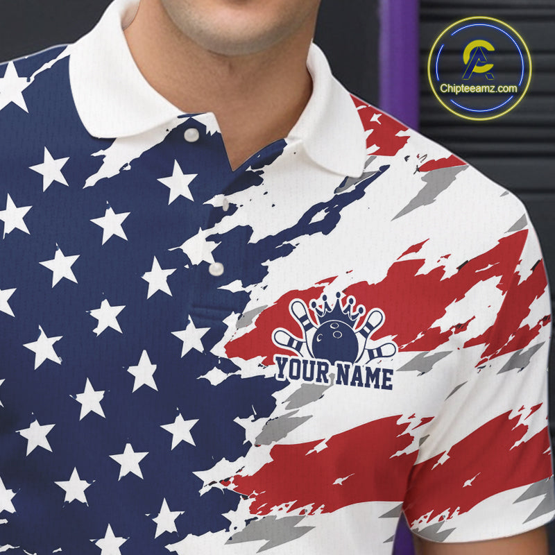 Polo shirt with American flag design and bowling logo, featuring 'Your Name' text.