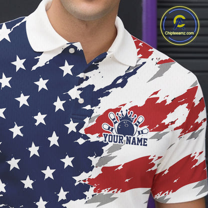 Polo shirt with American flag design and bowling logo, featuring 'Your Name' text.