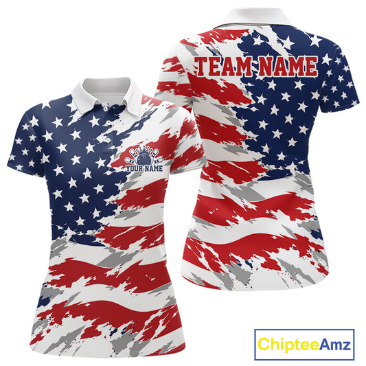 Polo shirt with American flag design and customizable text on a white background
