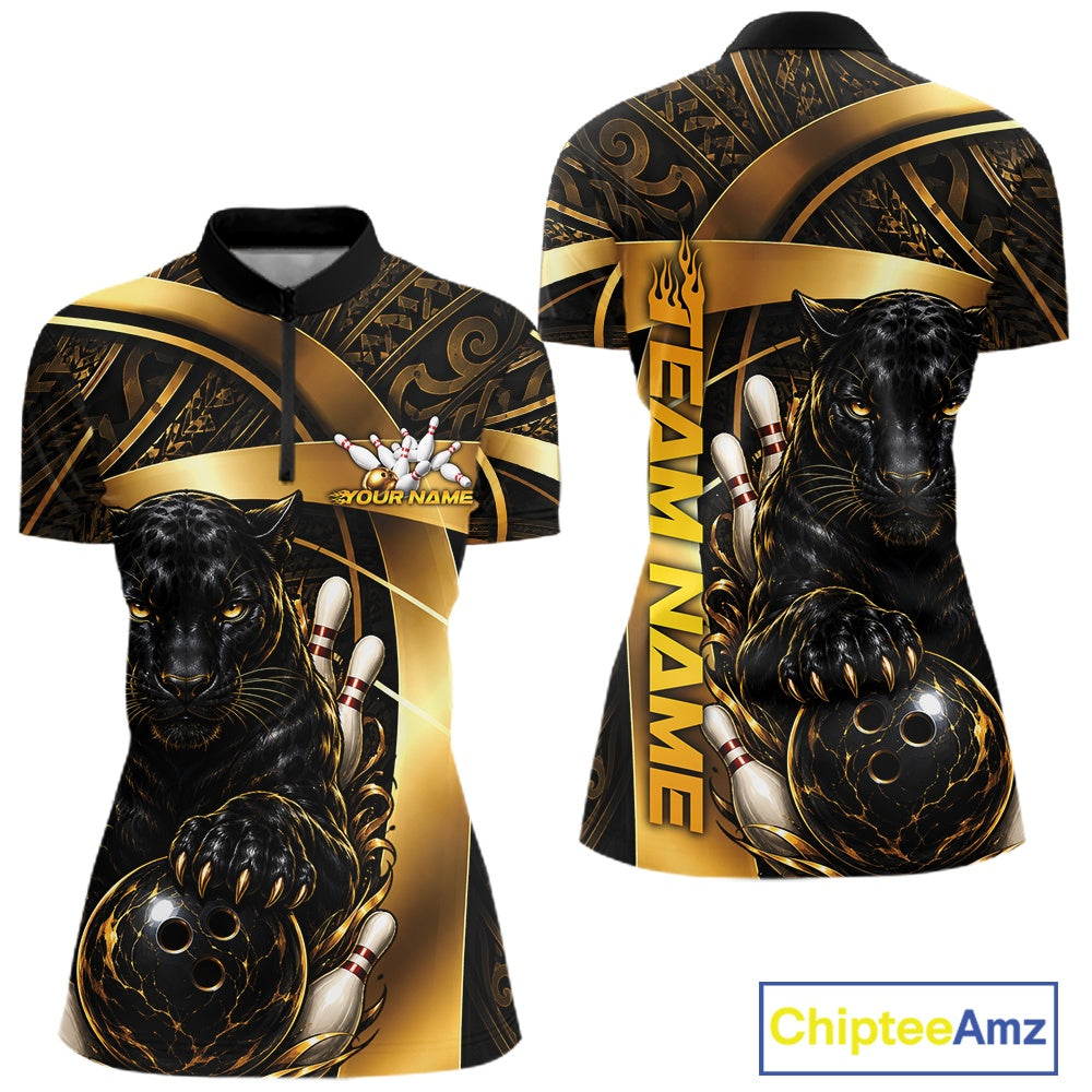 A short-sleeve athletic polo shirt shown from the front and back, featuring a black and gold tribal-style design with a large black panther holding bowling balls and pins, vertical 'TEAMNAME' text, and a small 'YOUR NAME' customization area.