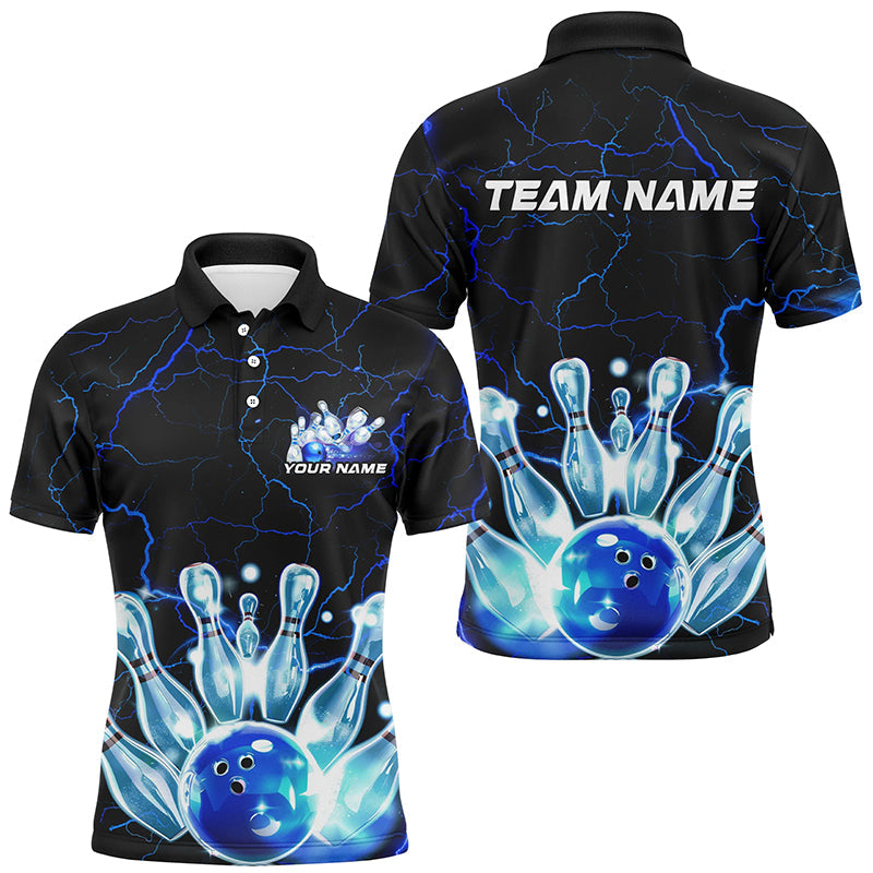 Black And Blue Thunder Lightning Custom Bowling Polo Shirts For Men, Bowling League Shirts IPHW7121