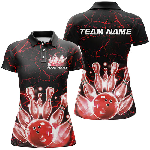 Black And Red Thunder Lightning Custom Bowling Polo Shirts For Women, Bowling League Shirts IPHW7122