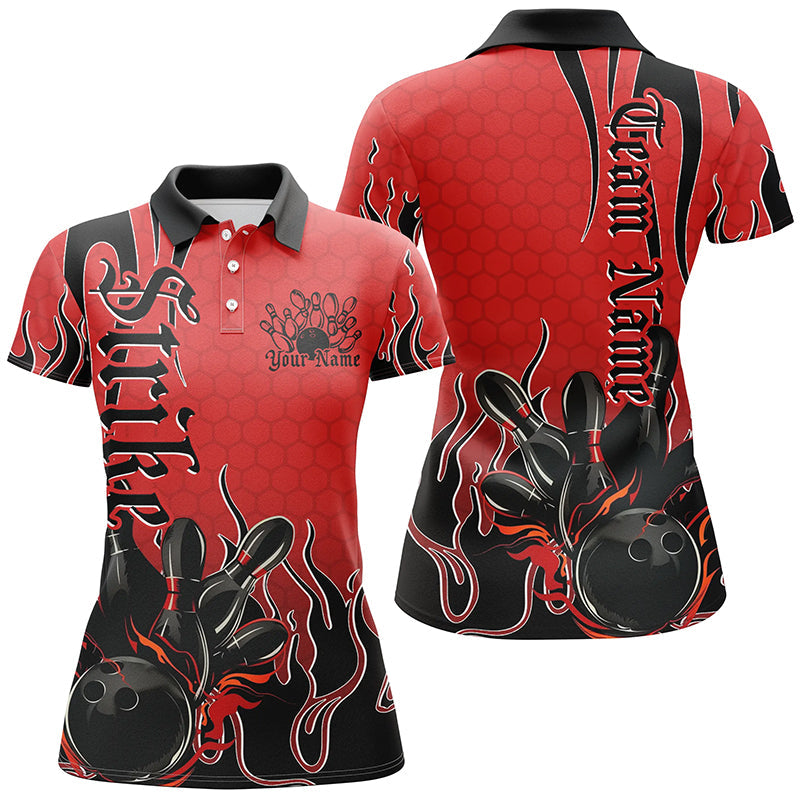 Black And Red Custom Tribal Flame Bowling Shirts For Women, Bowling Team Shirt Bowler IPHW7941