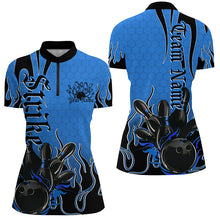 Load image into Gallery viewer, Black And Blue Custom Tribal Flame Bowling Shirts For Women, Bowling Team Shirt Bowler IPHW7942