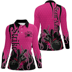 Black And Pink Custom Tribal Flame Bowling Shirts For Women, Bowling Team Shirt Bowler IPHW7943