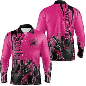 Black And Pink Custom Tribal Flame Bowling Shirts For Men, Bowling Team Shirt Bowler Jersey IPHW7943