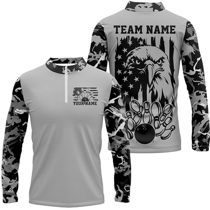 American Flag Eagle Custom Gray Camo Patriotic Bowling Shirts For Men, Us Bowling League Shirt IPHW7944