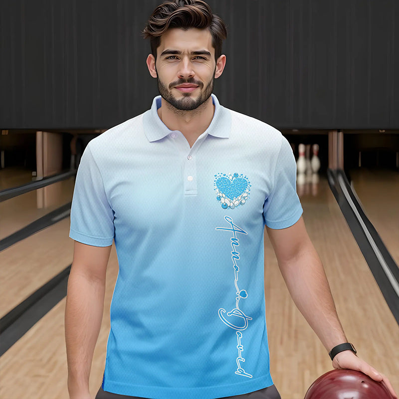 Custom Blue Bowling Heart Polo Shirts For Men, Valentine Bowling Couple Outfits IPHW8362