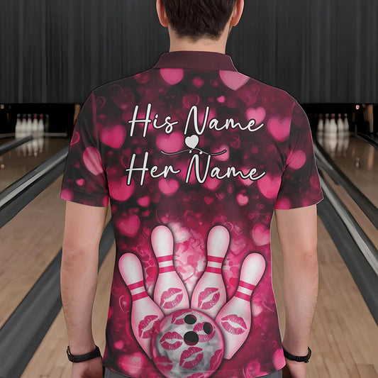 Black And Pink Heart Custom Valentines Bowling Polo Shirt For Men, Bowling Couple Outfit IPHW8365