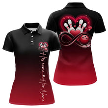 Load image into Gallery viewer, Black And Red Custom Valentines Bowling Polo Shirts For Women, Infinity Love Couple Shirt IPHW8370