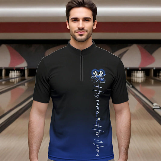Black And Blue Custom Valentines Bowling Quarter-Zip Shirts For Men, Infinity Love Couple Shirt IPHW8371