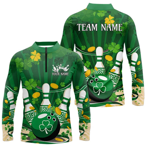 Custom Green St Patricks Bowling Long Sleeve Quarter-Zip Shirts For Men, Celtic Team Bowling Outfits IPHW8375