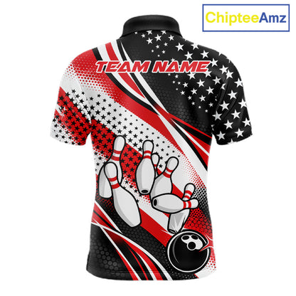 Custom Black And Red American Flag Patriotic Bowling Shirts, US Flag Bowling League Shirt Bowlers Outfit IPHW10448