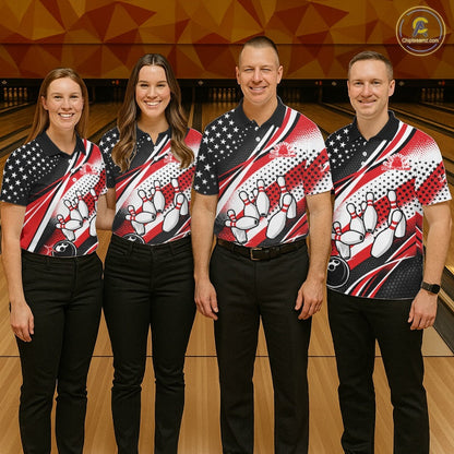 Custom Black And Red American Flag Patriotic Bowling Shirts, US Flag Bowling League Shirt Bowlers Outfit IPHW10448