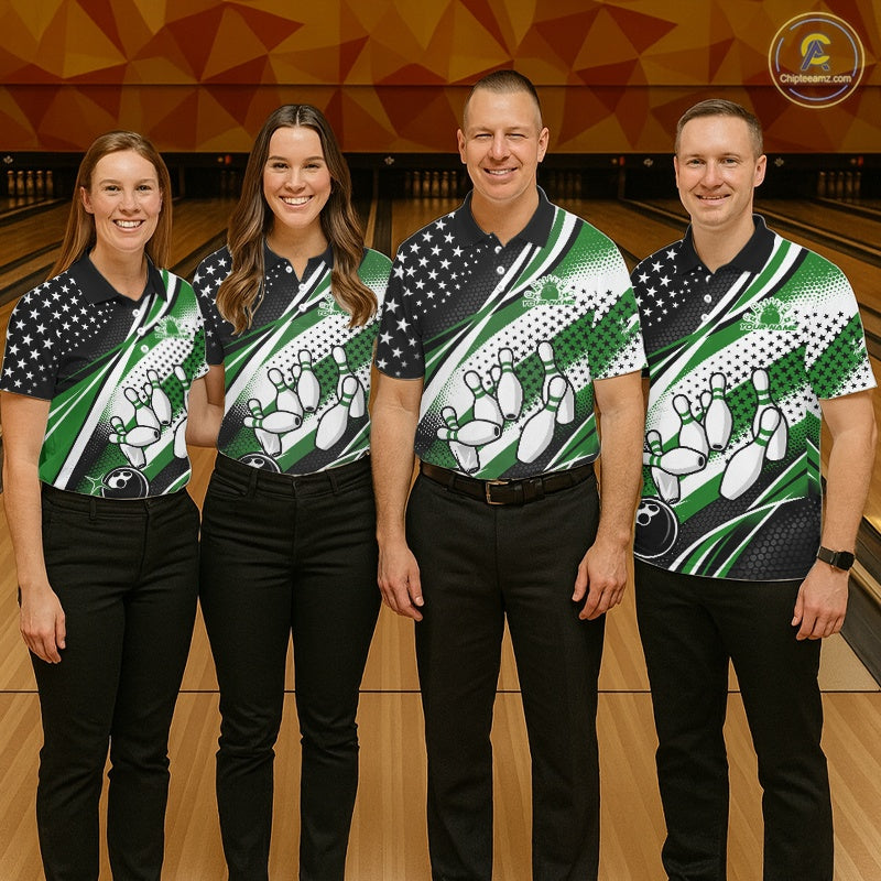 Custom Black And Green American Flag Patriotic Bowling Shirts, US Flag Bowling League Shirt Bowlers Outfit IPHW10450