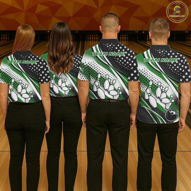 Custom Black And Green American Flag Patriotic Bowling Shirts, US Flag Bowling League Shirt Bowlers Outfit IPHW10450