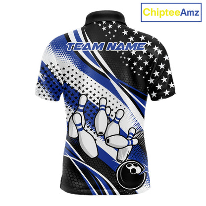 Custom Black And Blue American Flag Patriotic Bowling Shirts, US Flag Bowling League Shirt Bowlers Outfit IPHW10451