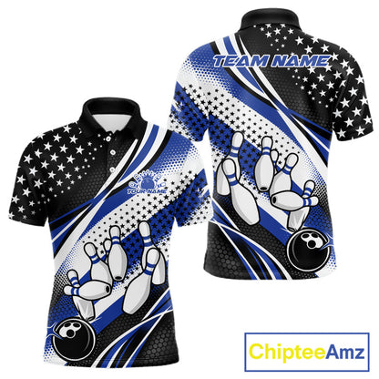 Custom Black And Blue American Flag Patriotic Bowling Shirts, US Flag Bowling League Shirt Bowlers Outfit IPHW10451