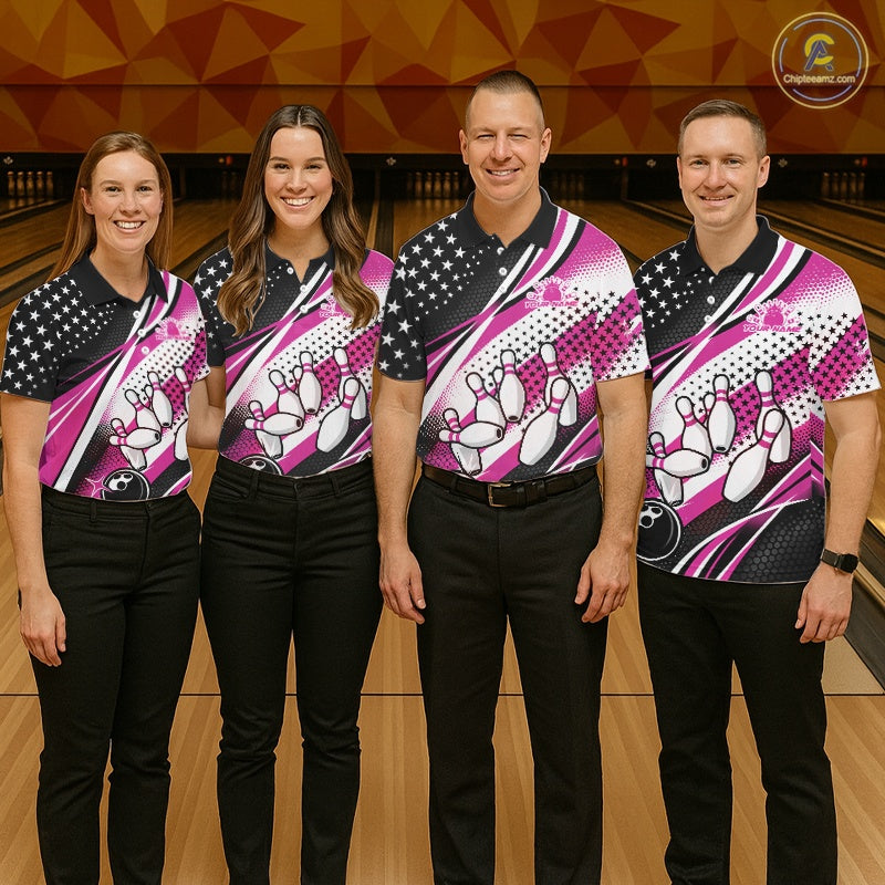 Custom Black And Pink American Flag Patriotic Bowling Shirts, US Flag Bowling League Shirt Bowlers Outfit IPHW10452