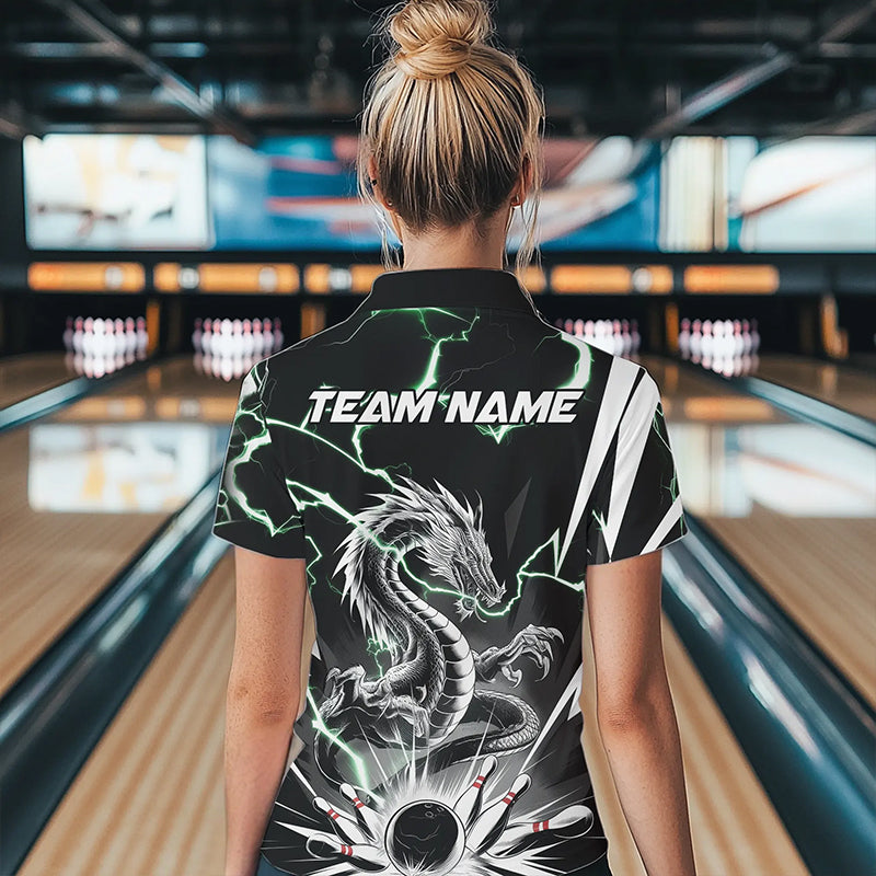 Custom Black And Green Thunder Lightning Dragon Bowling Team Polo Shirts For Women IPHW8555
