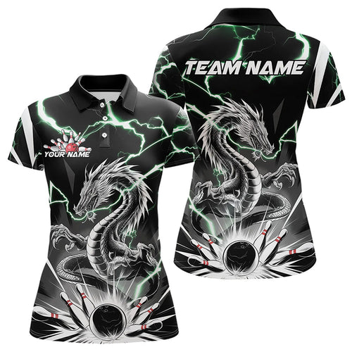 Custom Black And Green Thunder Lightning Dragon Bowling Team Polo Shirts For Women IPHW8555