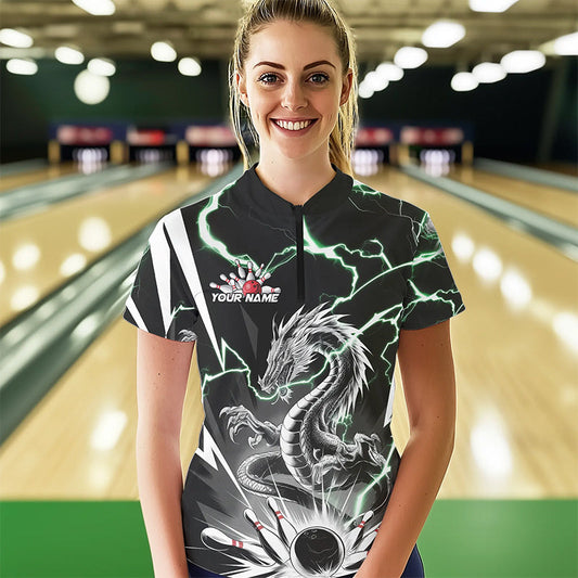 Custom Black And Green Thunder Lightning Dragon Bowling Team Quarter-Zip Shirts For Women IPHW8555