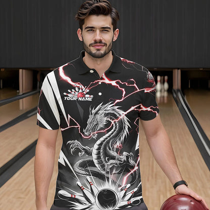 Custom Black And Red Thunder Lightning Dragon Bowling Team Polo Shirts For Men IPHW8556
