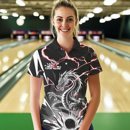 Custom Black And Red Thunder Lightning Dragon Bowling Team Polo Shirts For Women IPHW8556
