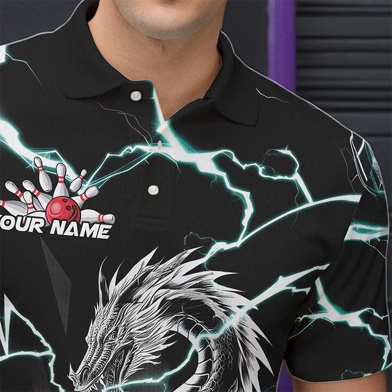Custom Black And Blue Thunder Lightning Dragon Bowling Team Polo Shirts For Men IPHW8557