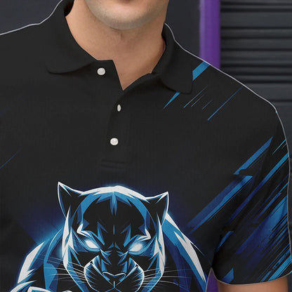 Custom Black And Blue Panther Bowling Polo Shirts For Men, Bowling Team Uniform IPHW8563