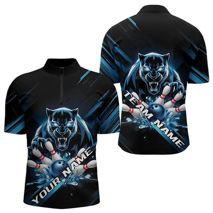 Custom Black And Blue Panther Bowling Quarter-Zip Shirts For Men, Bowling Team Uniform IPHW8563