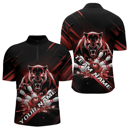 Custom Black And Red Panther Bowling Quarter-Zip Shirts For Men, Bowling Team Uniform IPHW8564