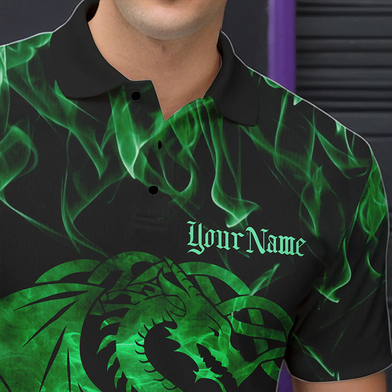 Custom Green Fire Flame Viking Dragon Bowling Men Polo Team Shirts, Celtic Bowling Shirts IPHW8875