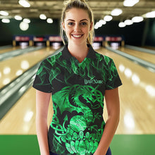 Load image into Gallery viewer, Custom Green Fire Flame Viking Dragon Bowling Women Polo Team Shirts, Celtic Bowling Shirts IPHW8875