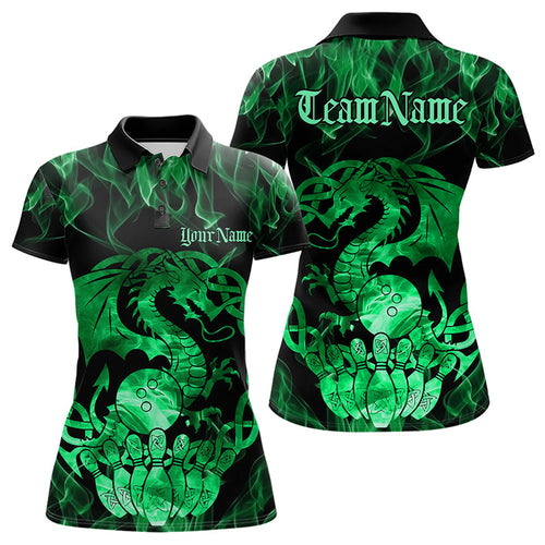 Custom Green Fire Flame Viking Dragon Bowling Women Polo Team Shirts, Celtic Bowling Shirts IPHW8875