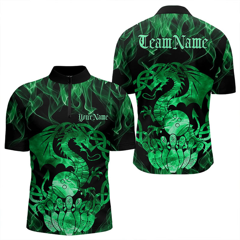 Custom Green Fire Flame Viking Dragon Bowling Men Quarter-Zip Team Shirts, Celtic Bowling Shirts IPHW8875