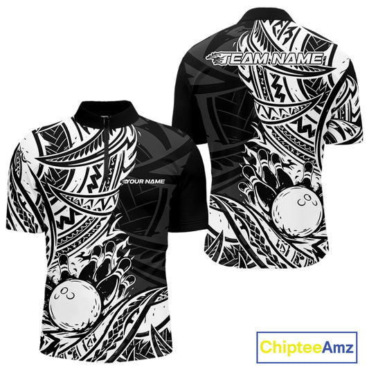 Custom Black And White Maori Style Koru Spiral Tribal Men Bowling Quarter-Zip Team Shirt IPHW10955
