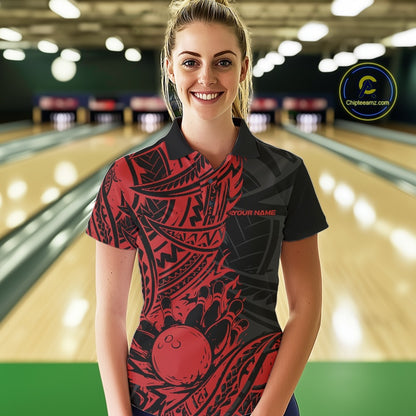 Custom Black And Red Maori Style Koru Spiral Tribal Women Bowling Polo Team Shirt IPHW10956