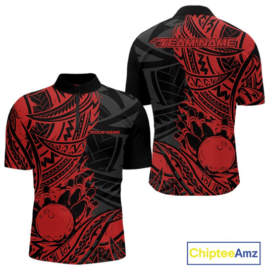 Custom Black And Red Maori Style Koru Spiral Tribal Men Bowling Quarter-Zip Team Shirt IPHW10956