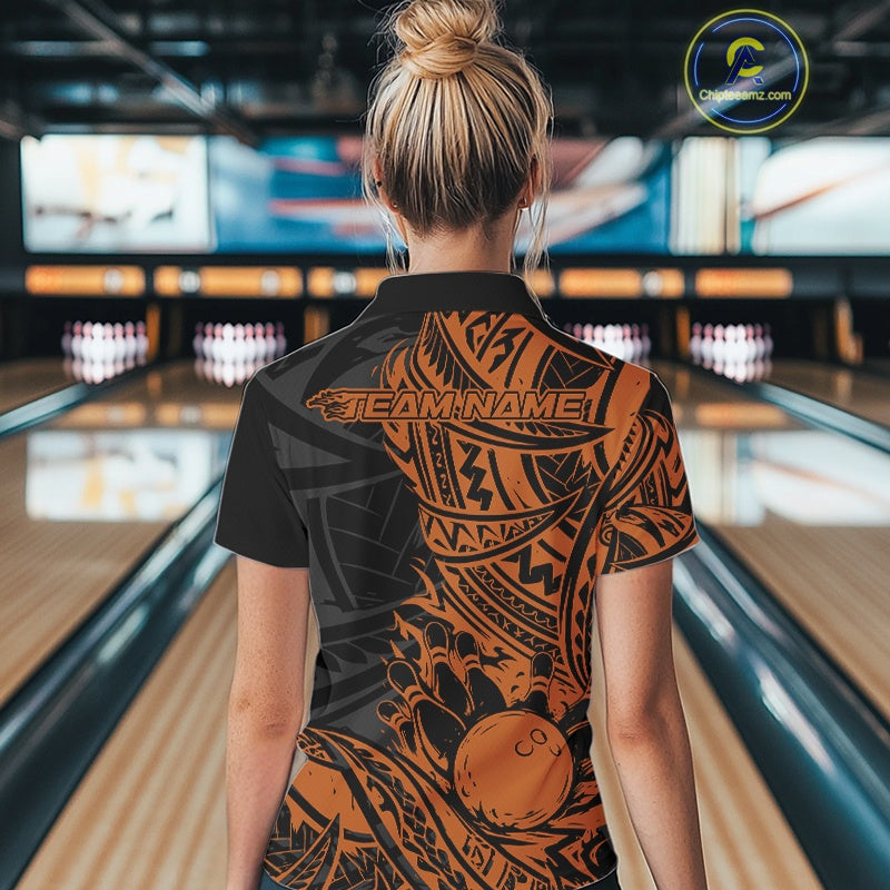 Custom Black And Orange Maori Style Koru Spiral Tribal Women Bowling Polo Team Shirt IPHW10958