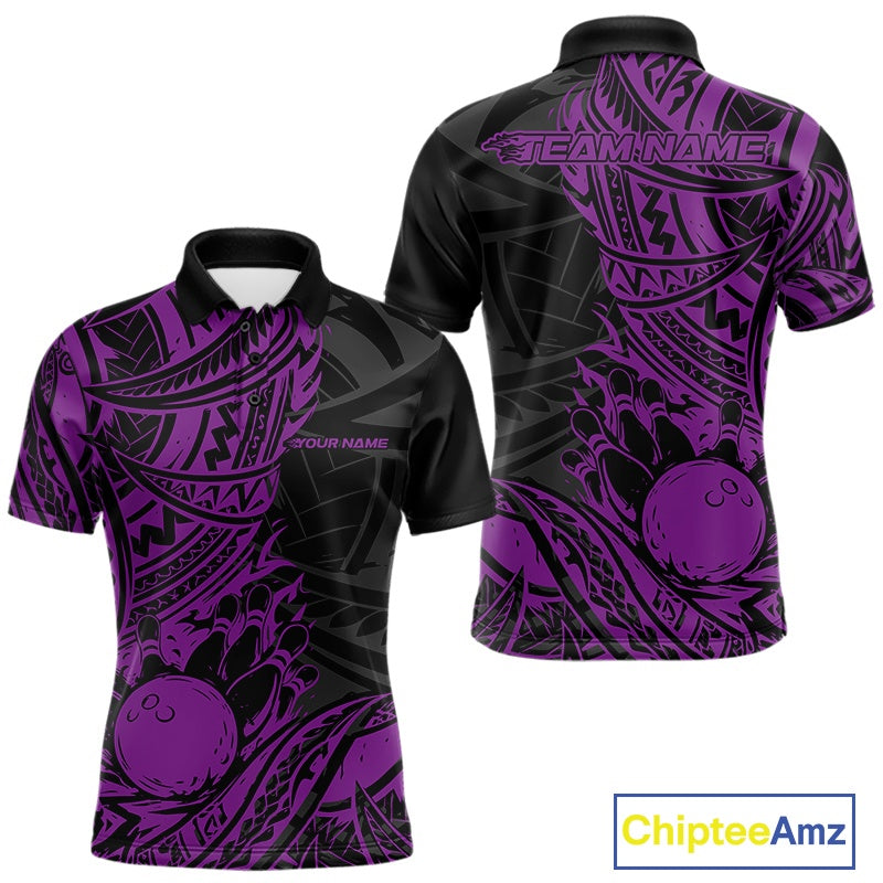 Black and purple bowling men polo shirt with maori tribal pattern 