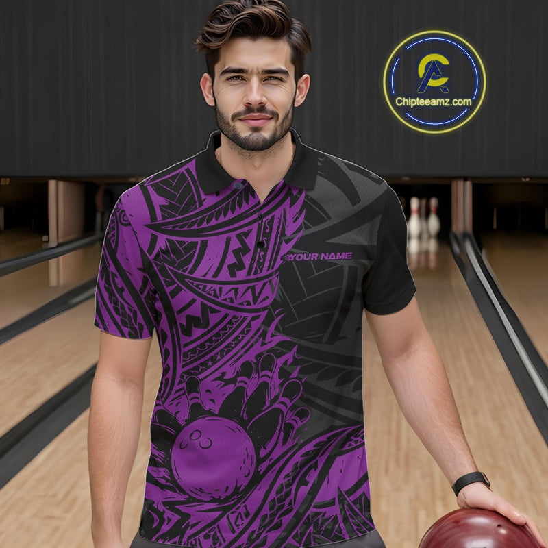 Man wearing a purple and black bowling shirt in a bowling alley with 'Chipteamz.com' logo.