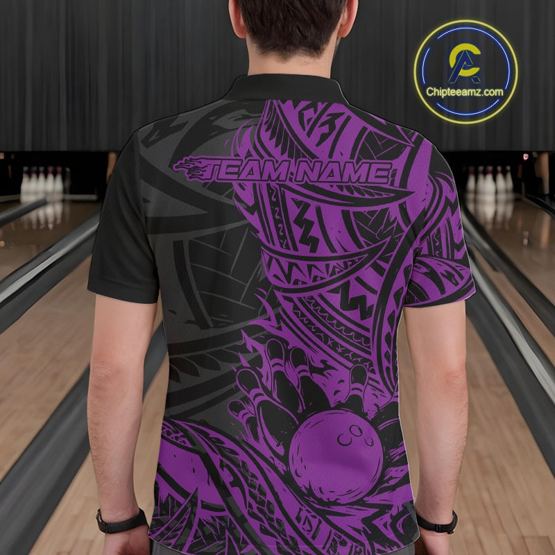 Custom Black And Purple Maori Style Koru Spiral Tribal Men Bowling Polo Team Shirt IPHW10959