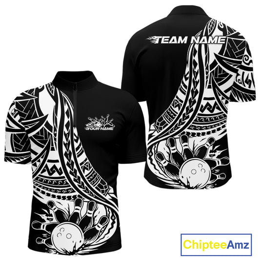 Custom Black And White Maori Style Koru Spiral Tribal Men Bowling Quarter-Zip Team Shirt IPHW10960