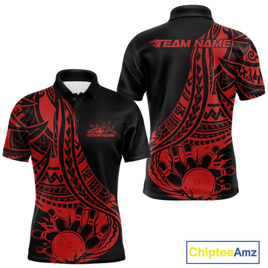 Custom Black And Red Maori Style Koru Spiral Tribal Men Bowling Polo Team Shirt IPHW10961