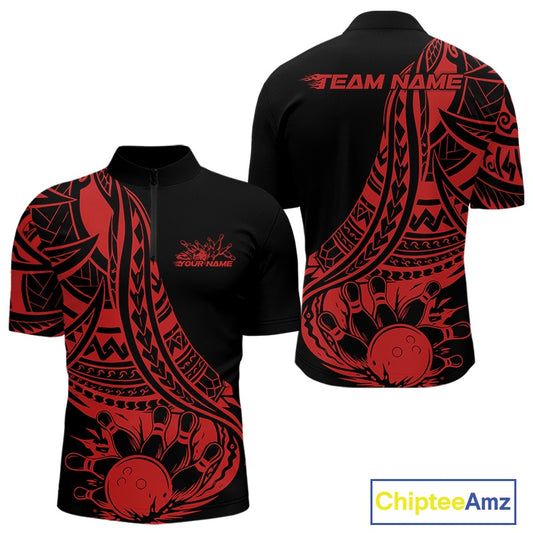 Custom Black And Red Maori Style Koru Spiral Tribal Men Bowling Quarter-Zip Team Shirt IPHW10961