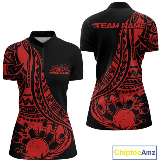 Custom Black And Red Maori Style Koru Spiral Tribal Women Bowling Quarter-Zip Team Shirt IPHW10961