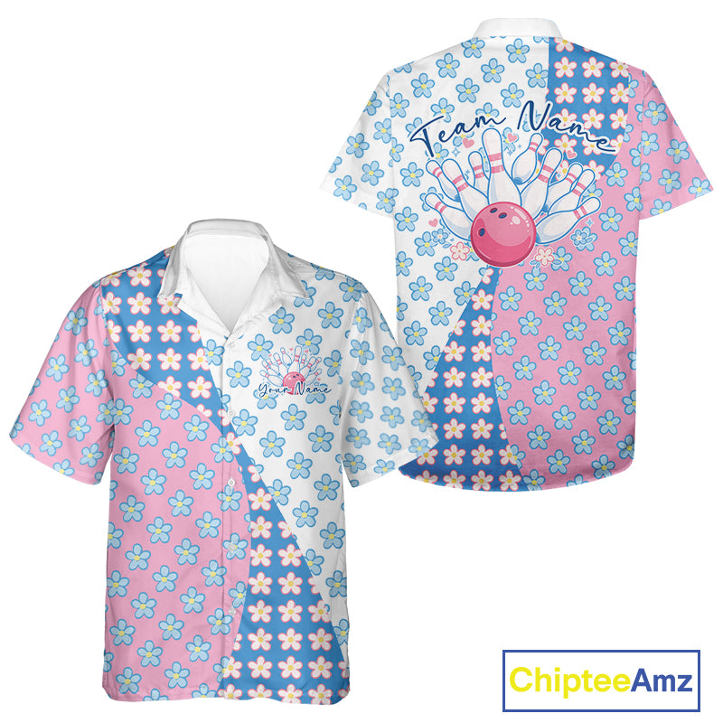 Front and back view of a white button-up bowling shirt mockup featuring white, blue and pink floral pattern with soft decorative sports styling.