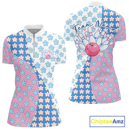 Front and back view of a womens bowling quarter-zip shirt mockup in white, featuring a white, blue and pink floral pattern with soft decorative graphics.