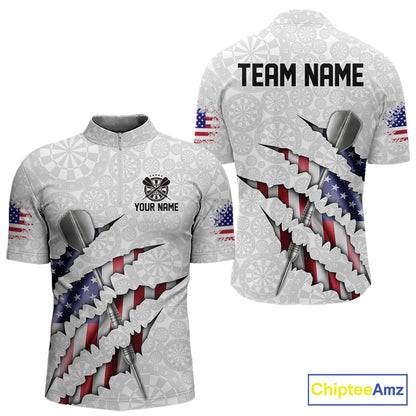 Custom Patriotic Dartboard Dart Men Quarter Zip Shirt With Silver Dart Steel, Dart League Shirt IPHW11637